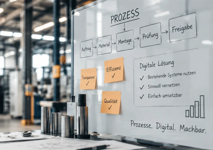 Produktionshalle und Whiteboard mit visualisiertem Auftragsablauf und Digitalisierungsideen
