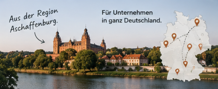Panoramabild mit Aschaffenburg und Deutschlandkarte als Hinweis auf die regionale Basis und bundesweite Tätigkeit