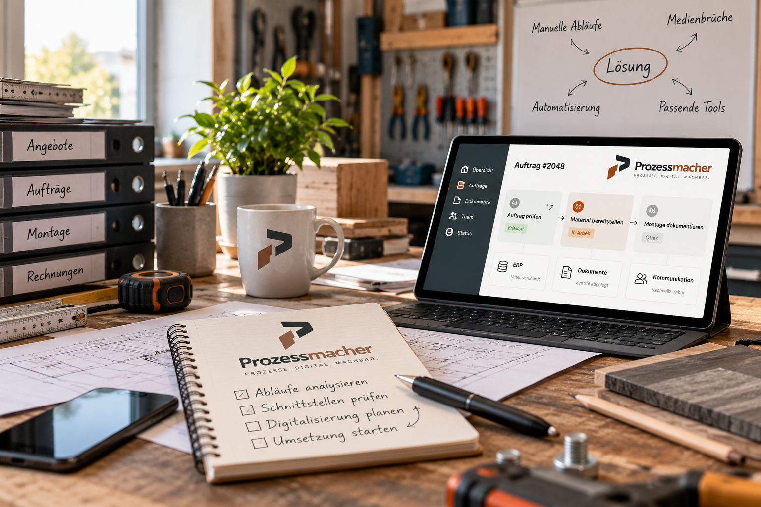 Werkstatt-Schreibtisch mit digitaler Auftragsübersicht auf einem Tablet und Prozessnotizen